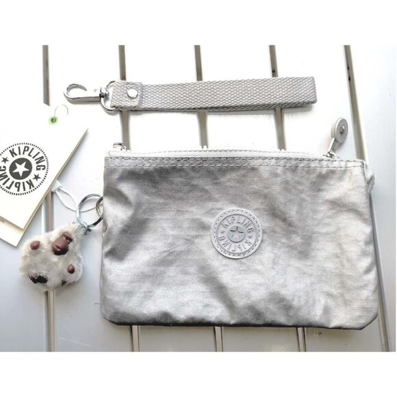 brand new Kipling CREATIVITY LARGE POUCHE metallic silver Multi-use makeup bag - Picture 1 of 7